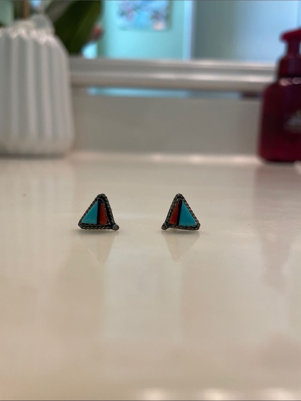 Turquoise & Coral Triangle Stud Earrings – Women Jewelry